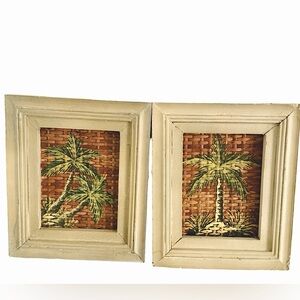Vintage Painting Palm Tree on Wicker Sold As Pair Framed 70s MCM Small Artwork